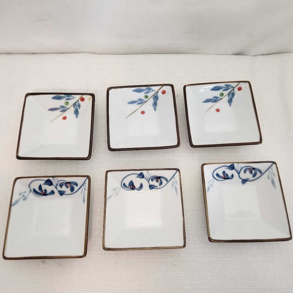 World Market Set of 6 Handpainted Square Tapas Sushi Plates Blue
